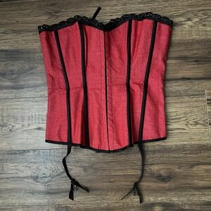 Vintage Red Jaquard Corset‎ Bustier Lace Up Black Trim Gothic Y2K Coquette